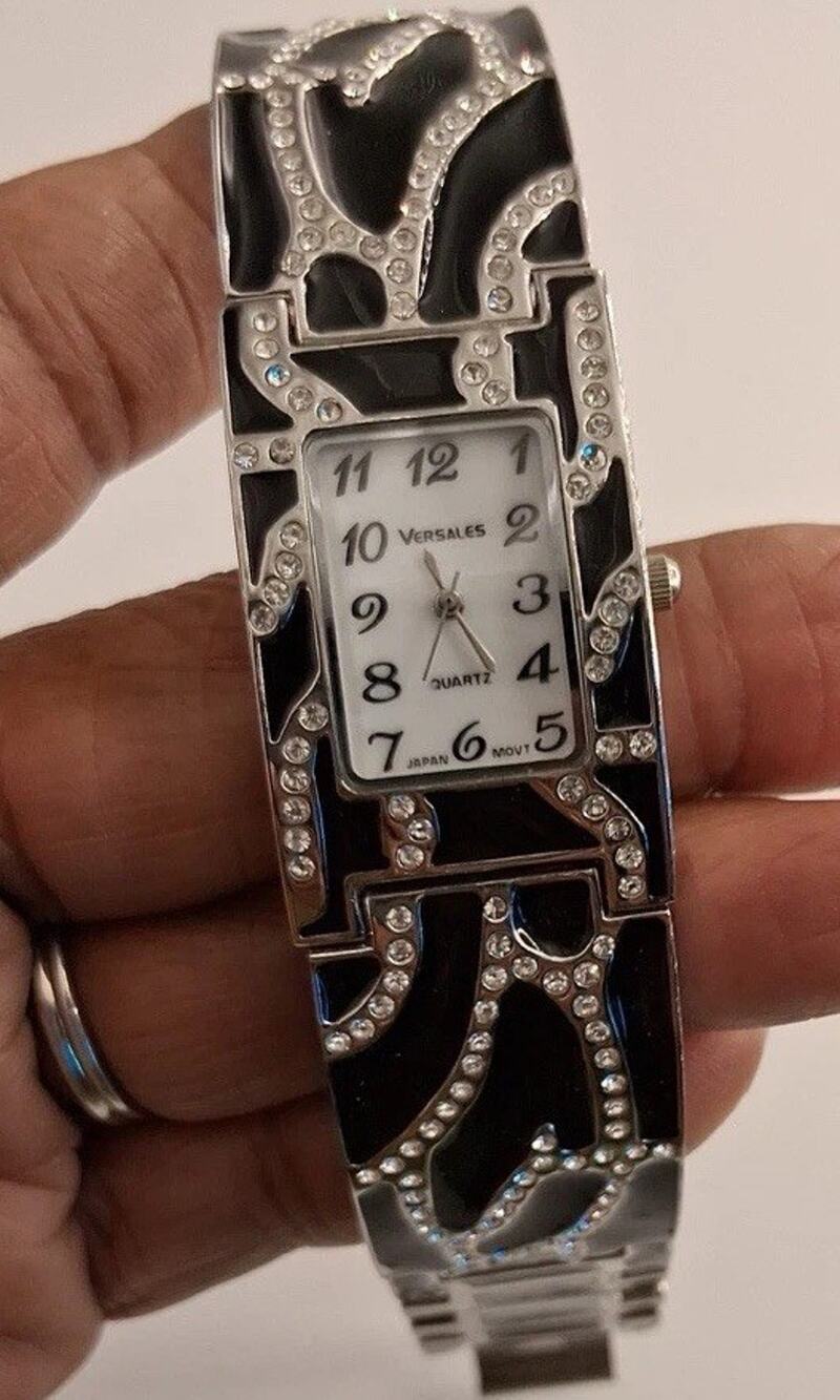 Versales Women's Watch Silver Tone Black Enamel Zebra Print Crystal Rhinestone
